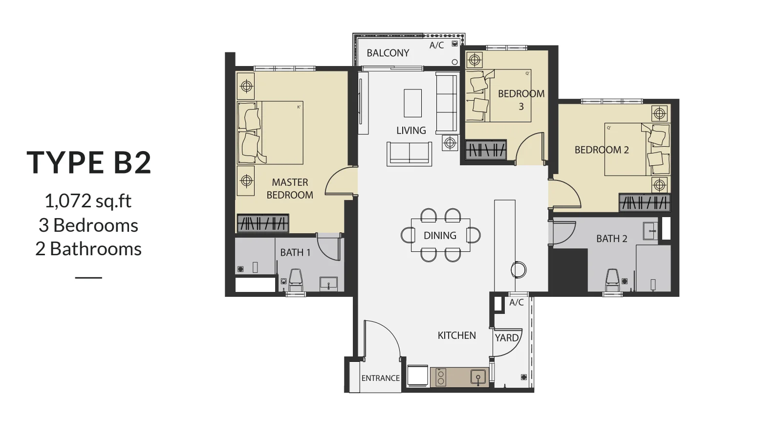 Aster Hill Sri Petaling B2戶型平面圖，3房2衛，1,072平方尺