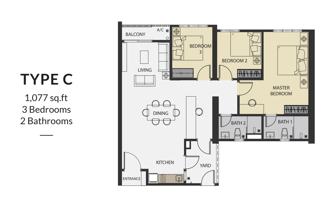 Aster Hill Sri Petaling C戶型平面圖，3房2衛，1,077平方尺
