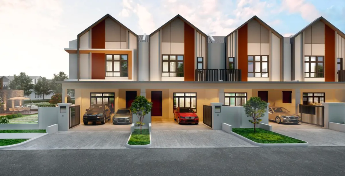 Barisan rumah teres unit sudut Astera Impian Hills dengan carport peribadi, Johor