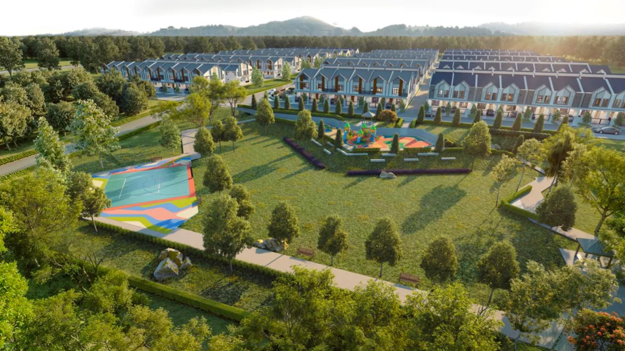 Pandangan udara kemudahan Astera Park — gelanggang sukan, taman permainan dan kawasan tadahan hijau