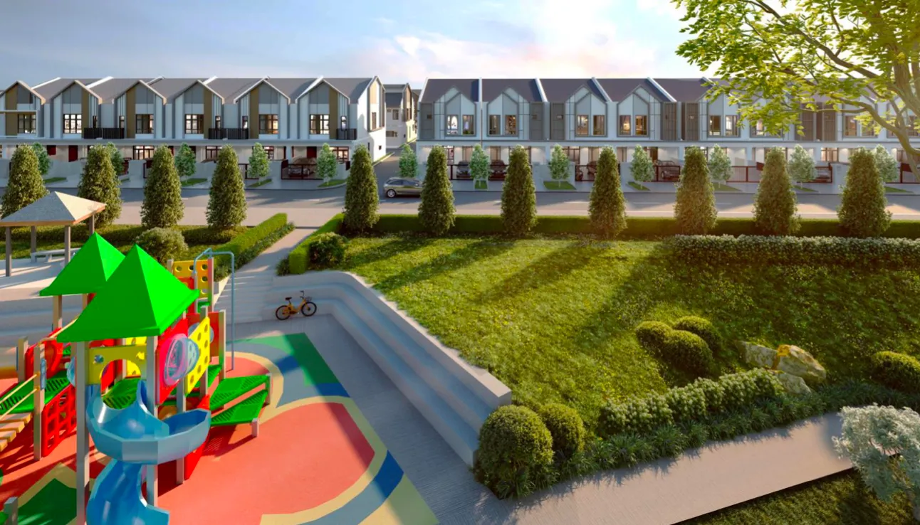 Taman permainan kanak-kanak dan laluan joging Astera Park di hadapan rumah teres