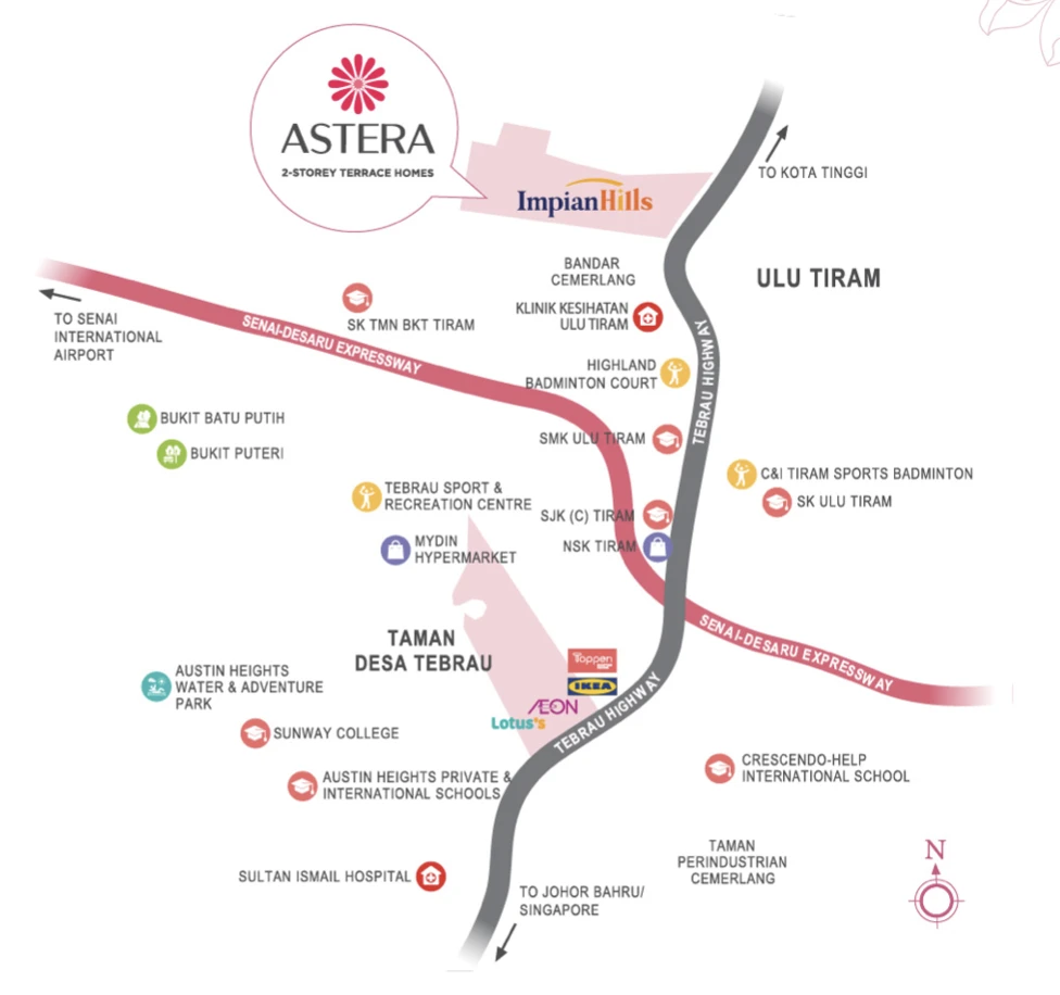 Peta lokasi dan sambungan Astera Ulu Tiram — SDE, Lebuhraya Tebrau, IKEA, AEON Tebrau