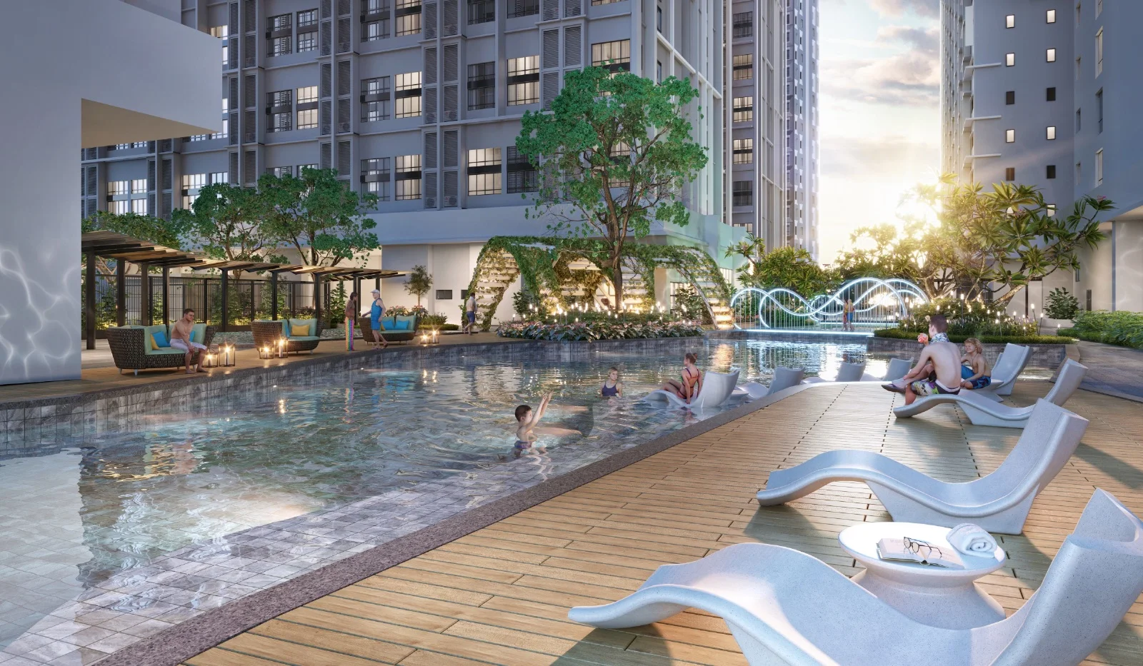 Astrum Ampang swimming pool deck with sun loungers artist's impression at sunset, Ampang Kuala Lumpur
