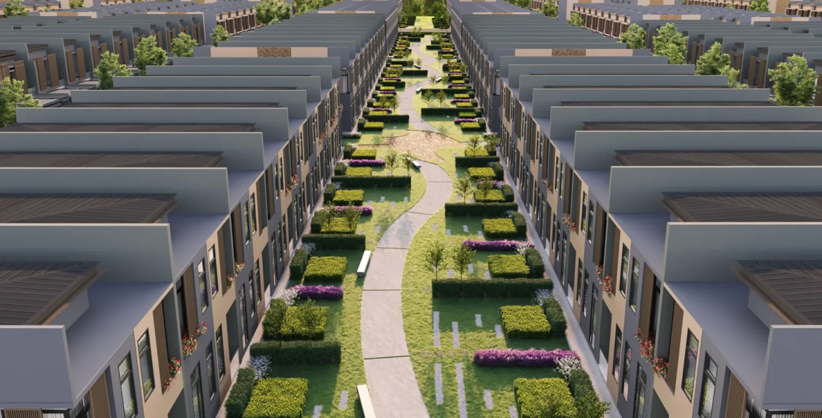Pandangan udara taman linear tanpa sempadan Aurora Resort Villas yang melalui antara dua barisan vila hakmilik kekal 2 tingkat