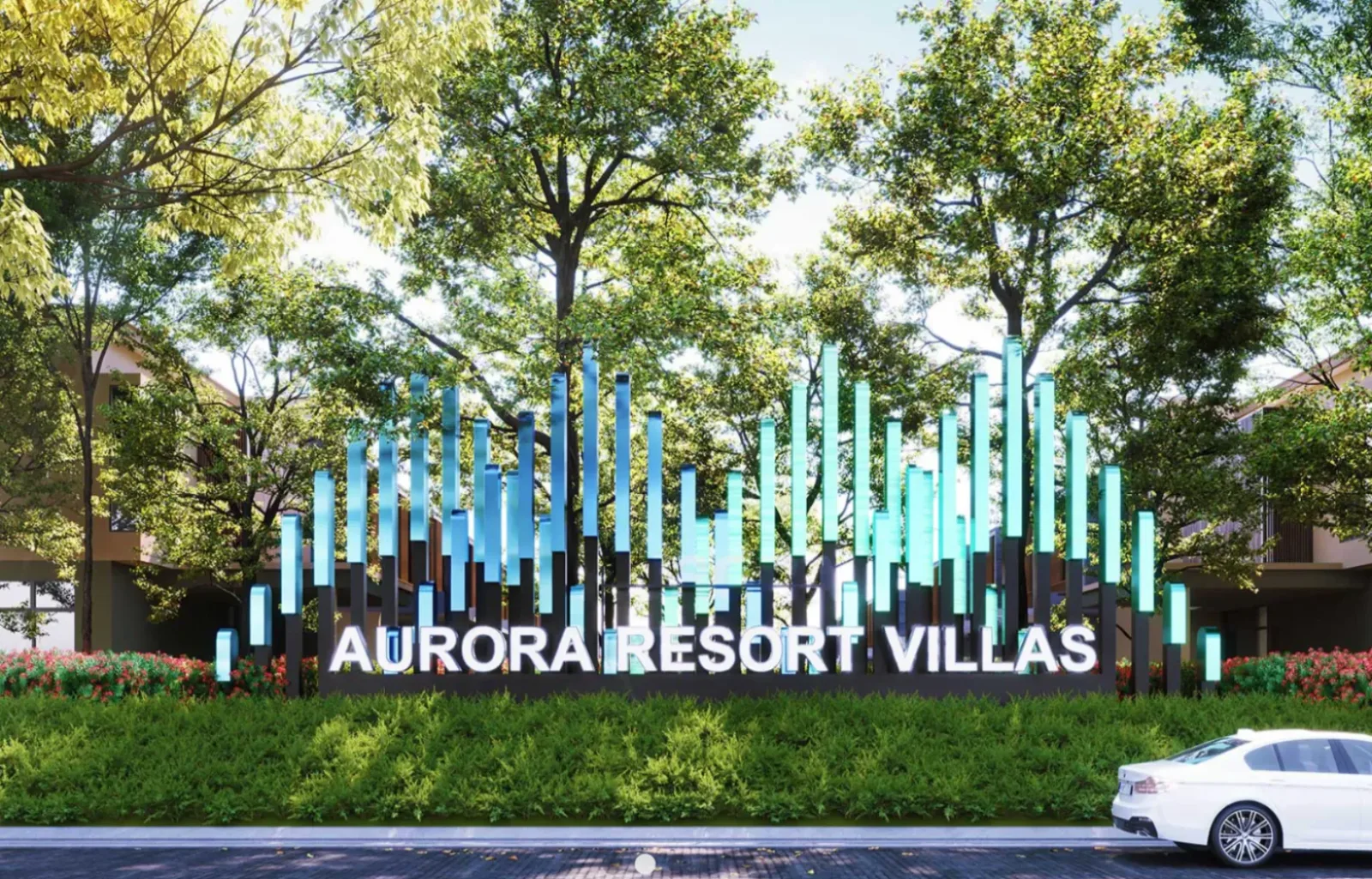 Aurora Resort Villas 发光地标标识,坐落于主入口成荫树林间