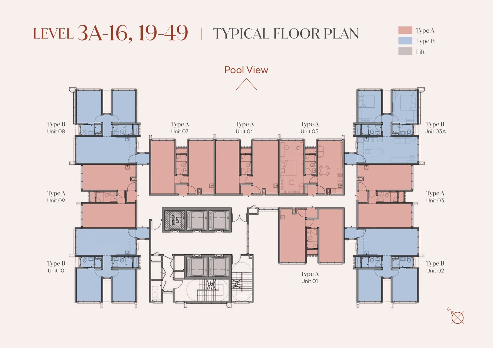 Pelan lantai tipikal Aurum Business Suites Sri Petaling menunjukkan taburan unit Type A dan Type B