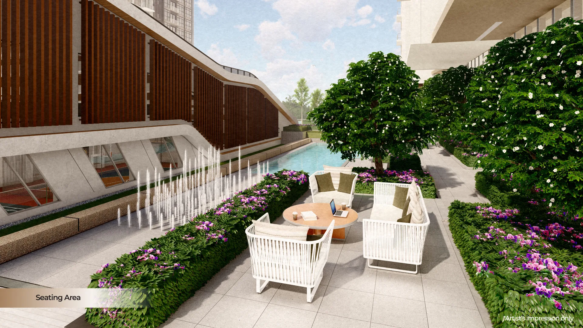 Kawasan tempat duduk santai tepi kolam Aurum Residence