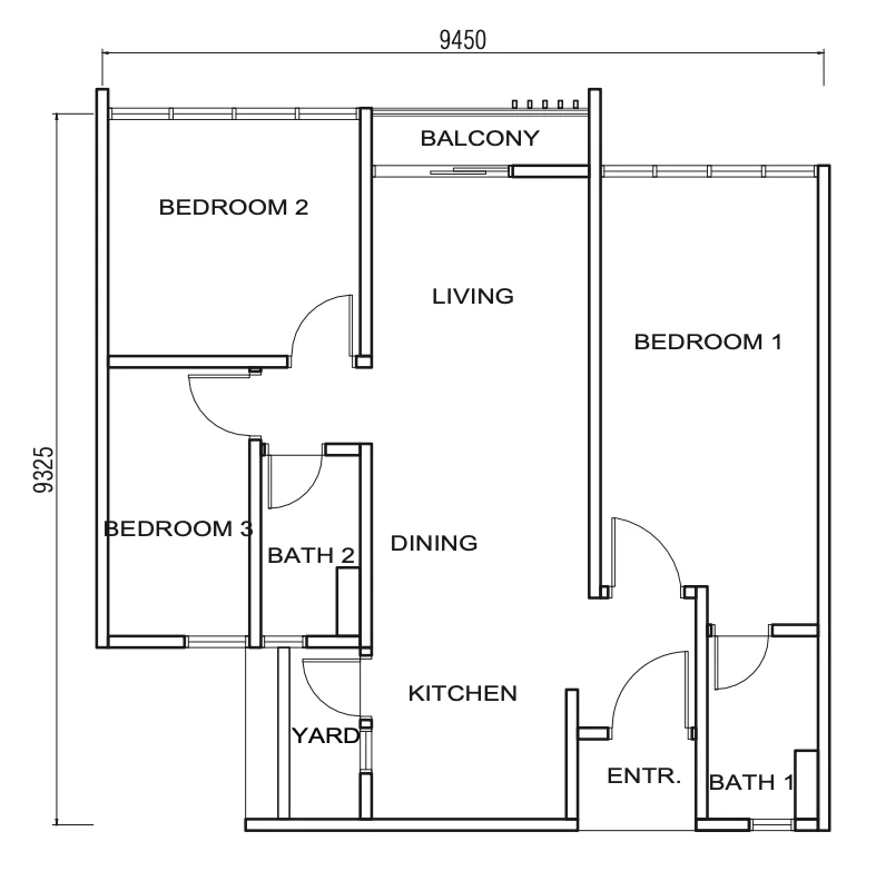 Pelan lantai Jenis G Avenue Residences, 863 kaki persegi, 3 bilik tidur 2 bilik air