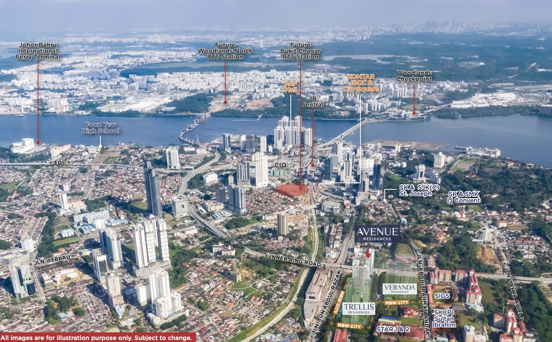 Avenue Residences / Residensi Puncak Saujana Phase 2 Avenue Residences MBW City masterplan aerial view showing Towers D, E, F, G alongside Trellis and Veranda Residences in MBW City, Jalan Tun Abdul Razak, Johor Bahru, Johor