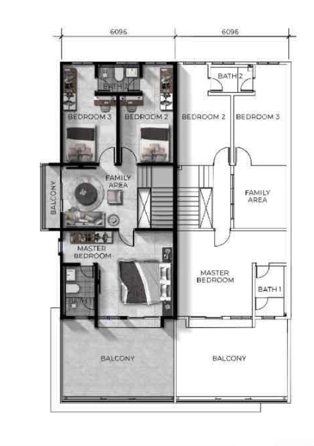 Pelan susun atur tingkat satu Bandar Layangkasa Phase 9 memaparkan bilik tidur utama dengan bilik air en-suite dan balkoni, ruang keluarga, Bilik 2 dan 3