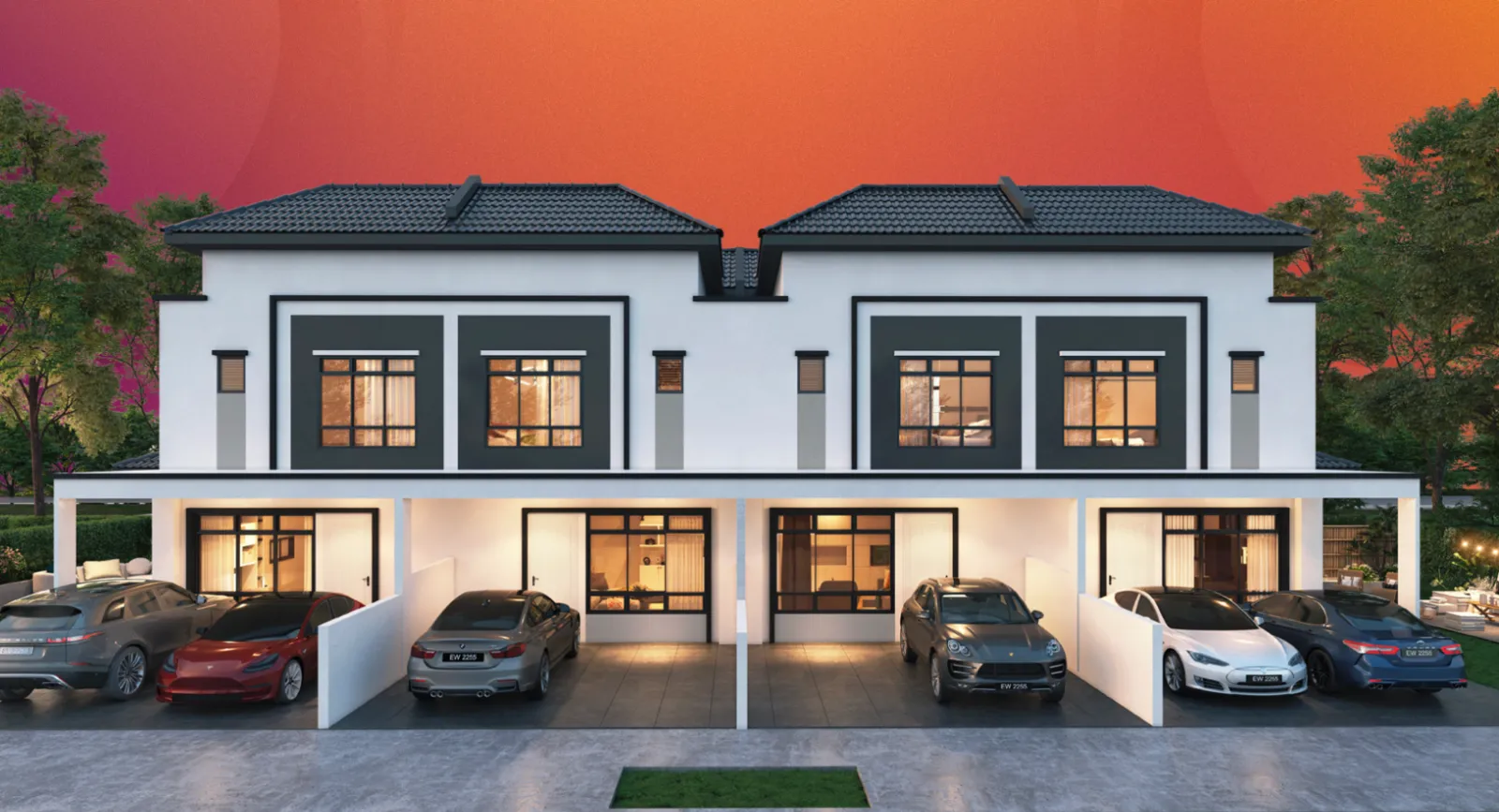 Renderan ketinggian hadapan rumah teres 2 tingkat waktu senja dengan anjung kereta Bandar Layangkasa Phase 9, Parkland City Masai