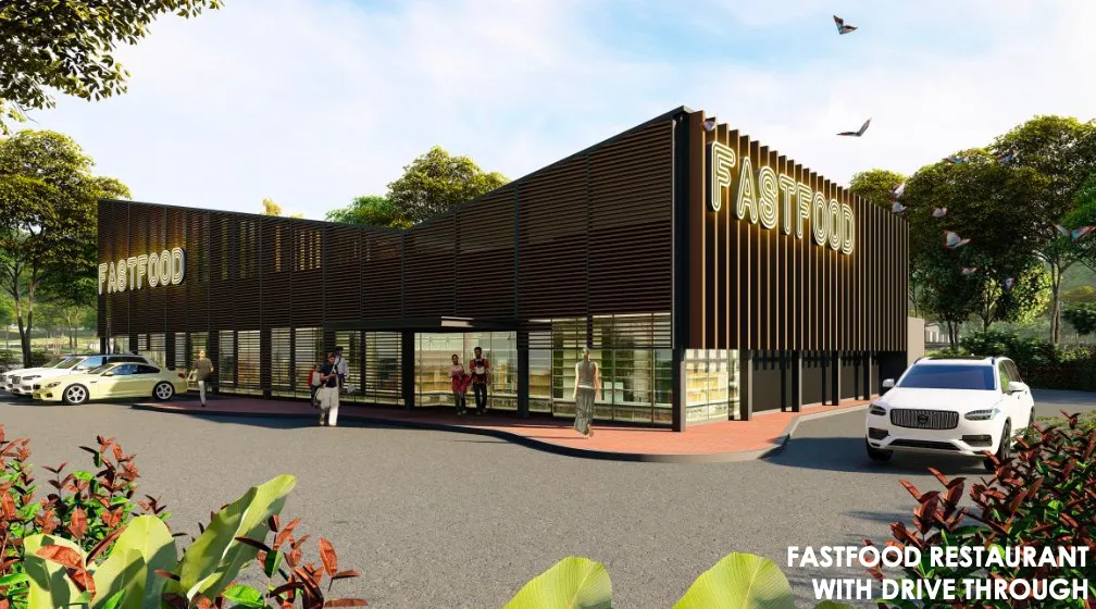 Restoran makanan segera dengan laluan drive-through di zon komersial kejiranan township Bandar Tiram