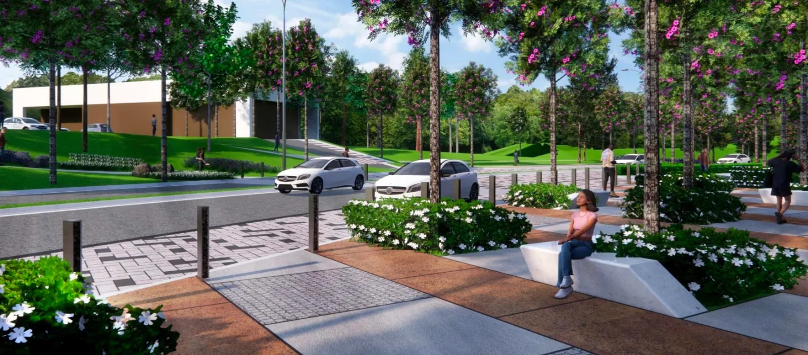 Boulevard Bandar Tiram yang dibarisi pokok dengan laluan pejalan kaki dan basikal khas