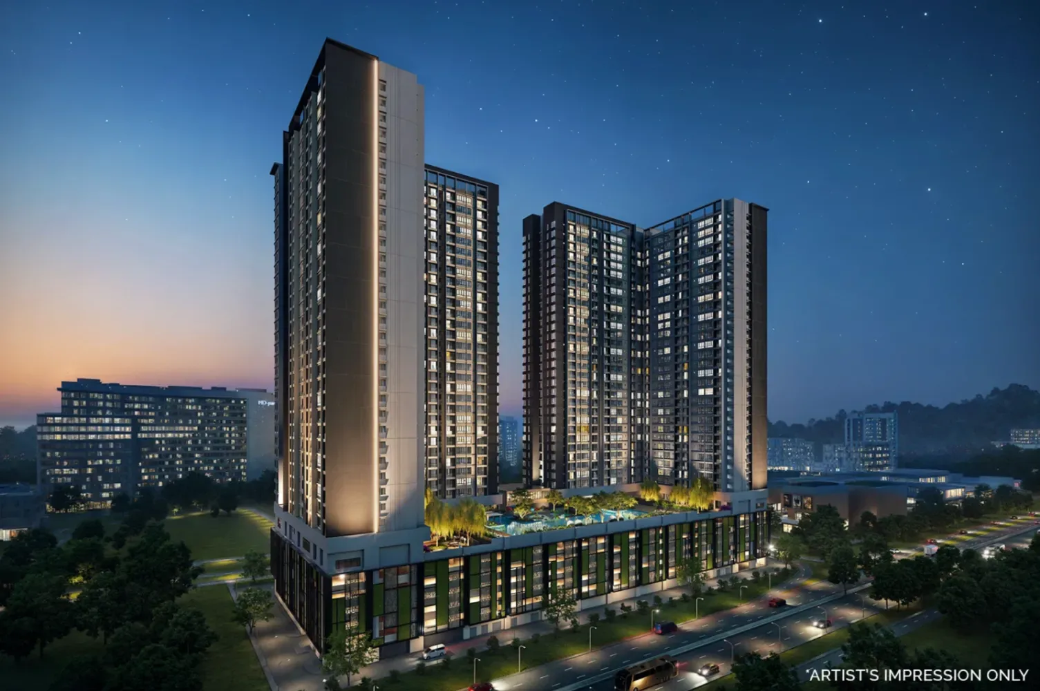 Impresi artis udara Calia Residence pada waktu senja menunjukkan dua menara dan dek kolam renang bumbung