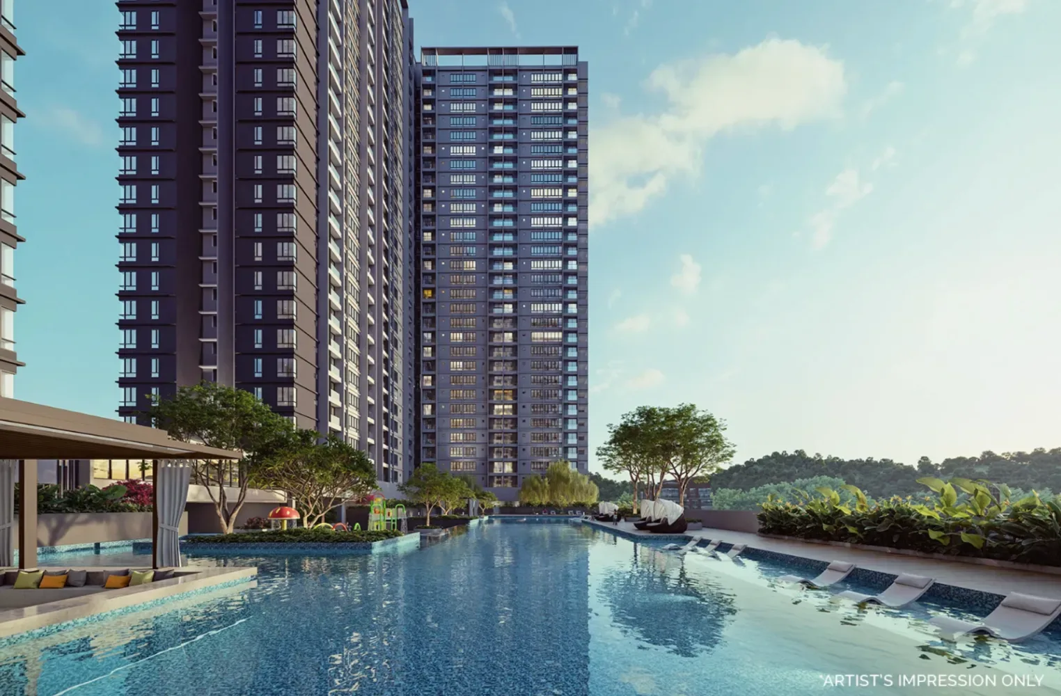 Menara kembar Calia Residence dengan dek kolam infiniti bumbung pada waktu siang
