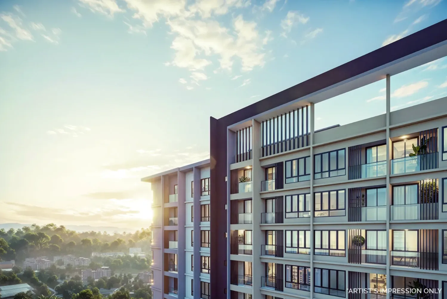 Perincian fasad Calia Residence pada waktu matahari terbit menunjukkan unit balkoni dan sirip seni bina