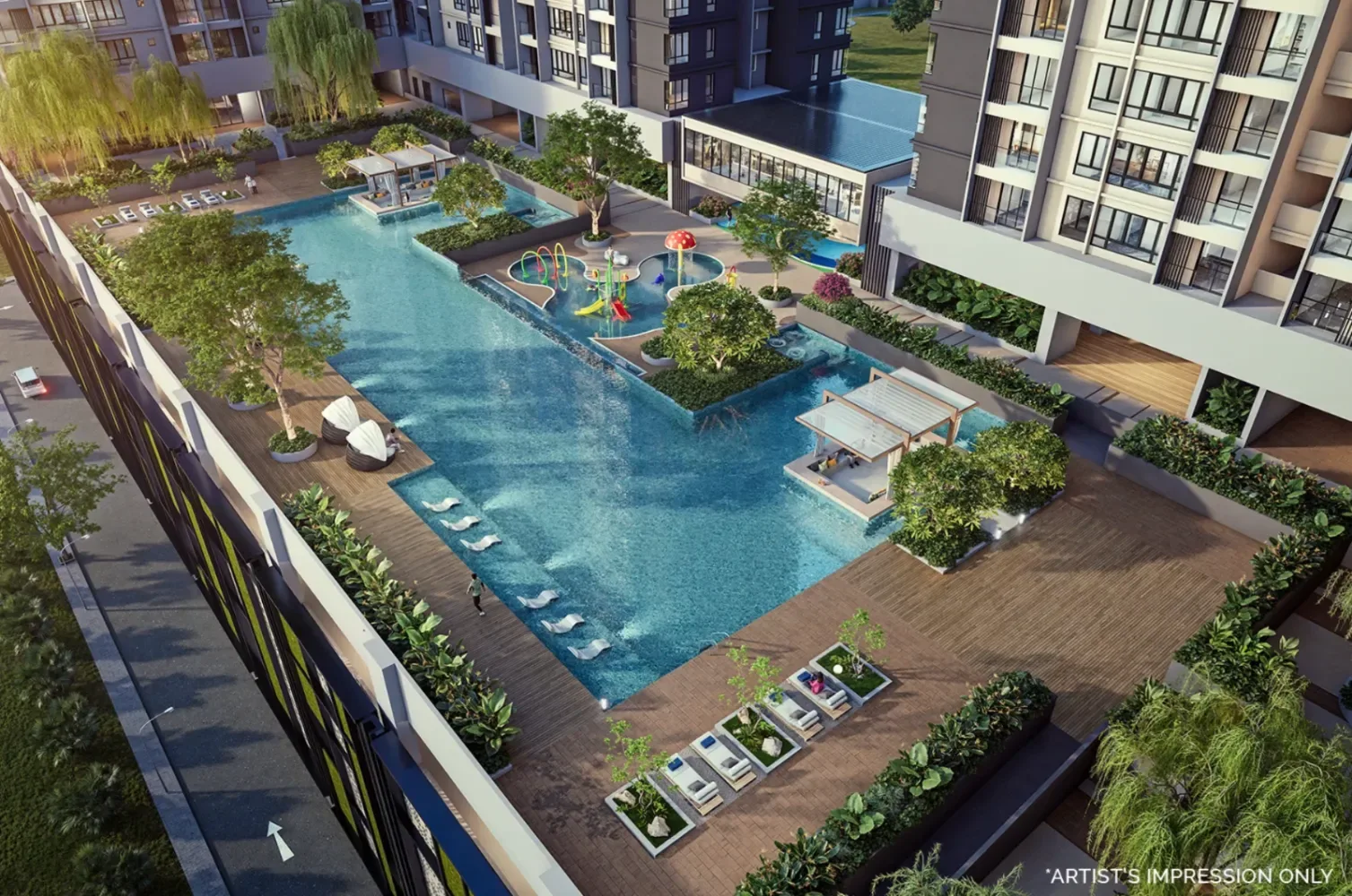 Dek kolam infiniti Calia Residence dengan kawasan permainan air kanak-kanak khas