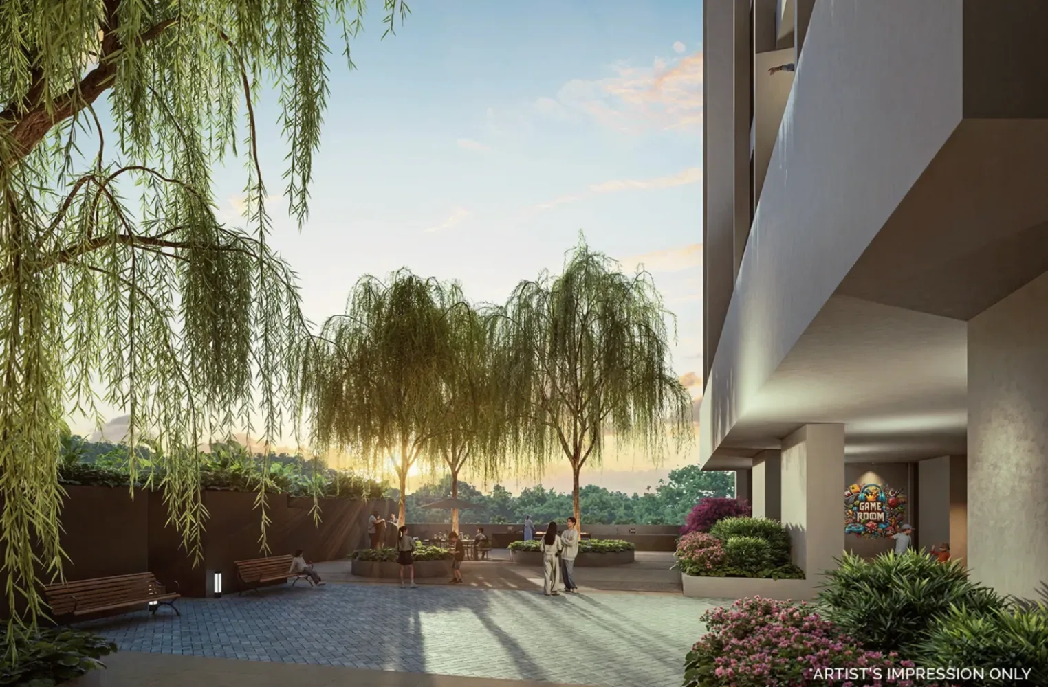 Laluan taman berlanskap Calia Residence di antara blok kediaman