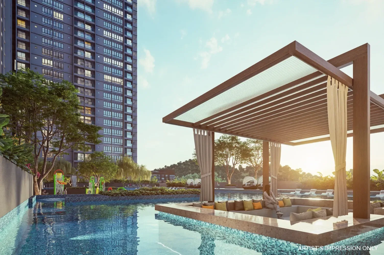 Dek lounge cabana tepi kolam Calia Residence dengan kerusi santai matahari