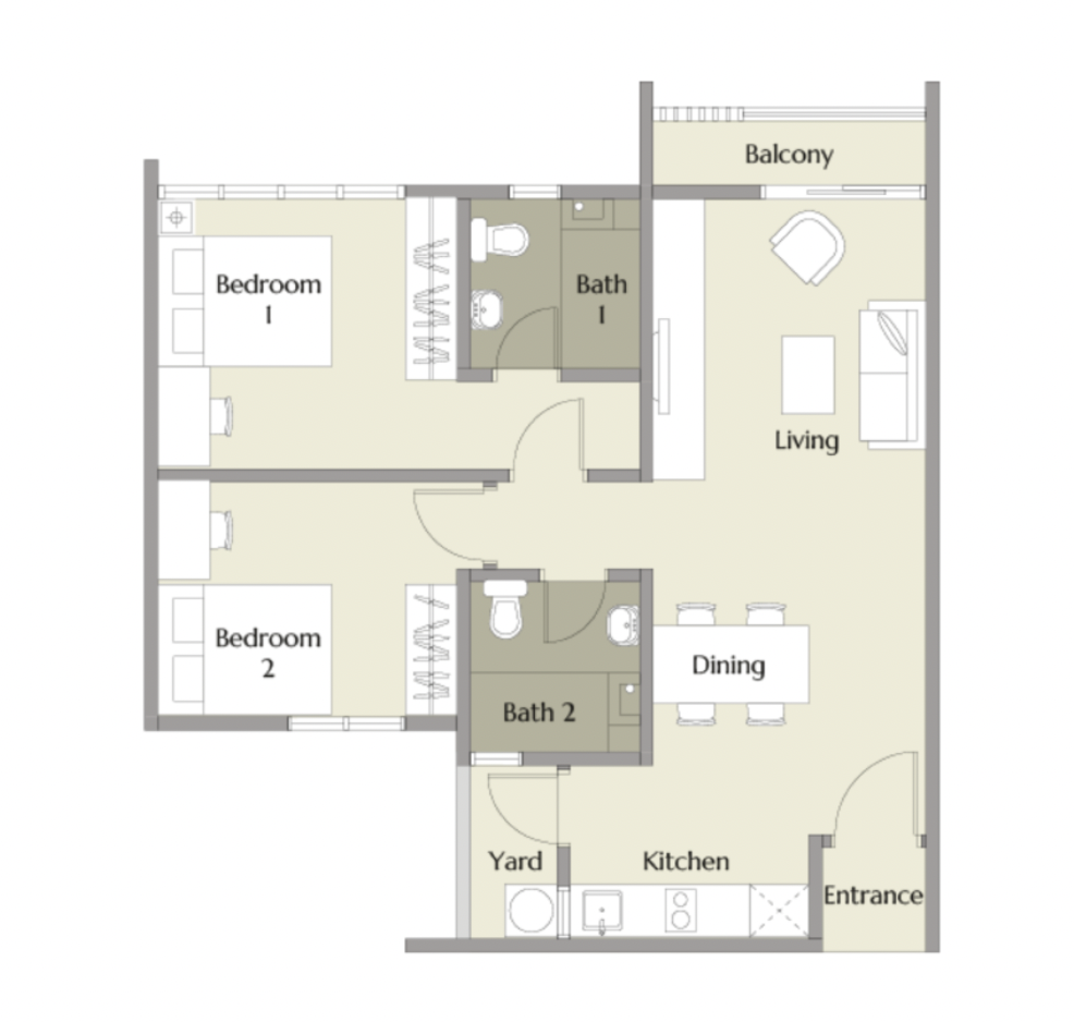 Calia Residence C 戶型平面圖，771 平方尺 2 房 2 衛