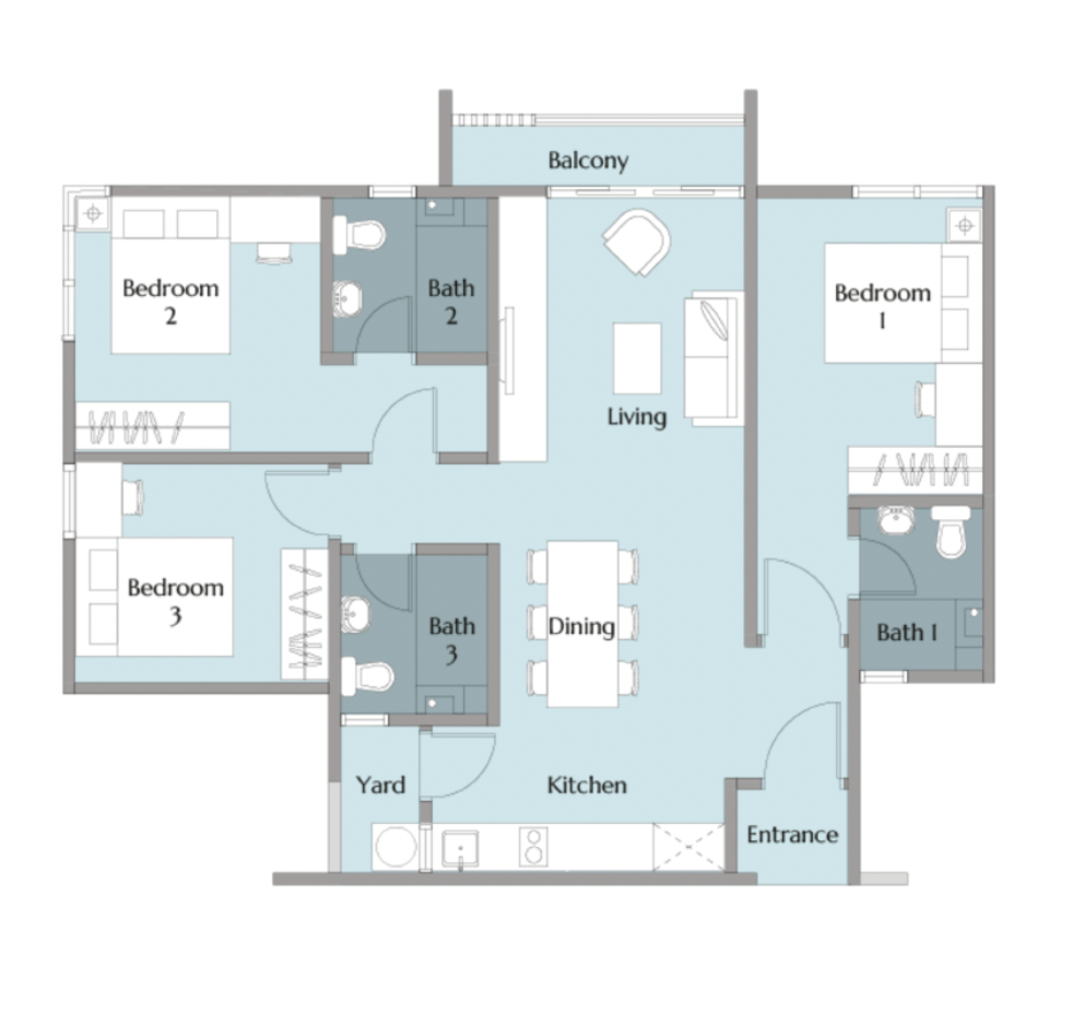 Calia Residence D 戶型（雙鑰匙）平面圖，984 平方尺 3 房 3 衛