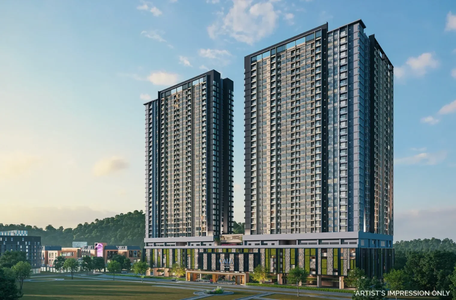 Impresi artis dua menara 36 tingkat Calia Residence pada waktu siang di Danga Bay