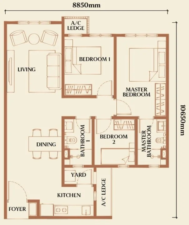 Causewayz Square @ JBCC Brixton & Dover 塔楼 Type E2 无阳台户型图，850 平方尺 3房2卫住宅设计