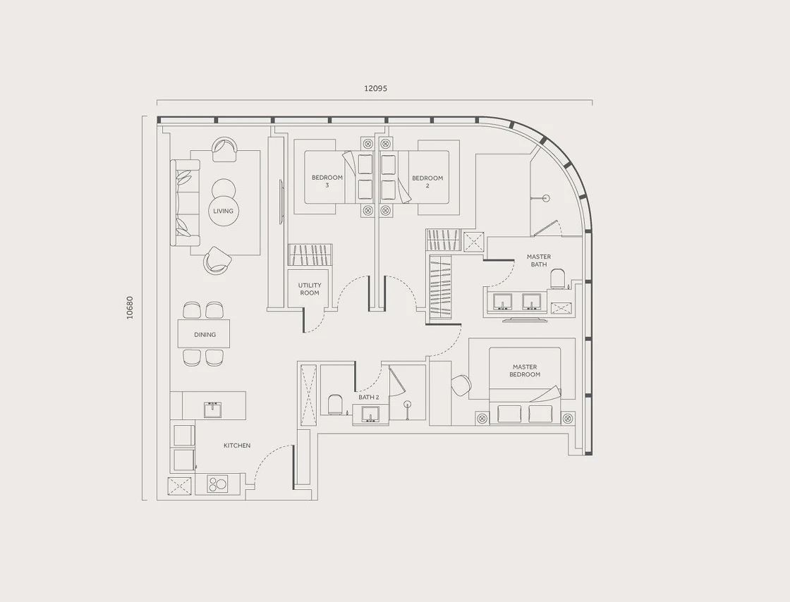 CloutHaus Type A 户型图，1216平方尺（3房2卫）