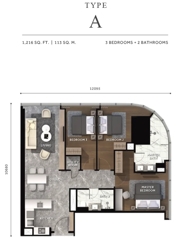 CloutHaus Type A floor plan — 3-bedroom, 2-bathroom luxury residence (1,216 sq ft) in KLCC, Kuala Lumpur