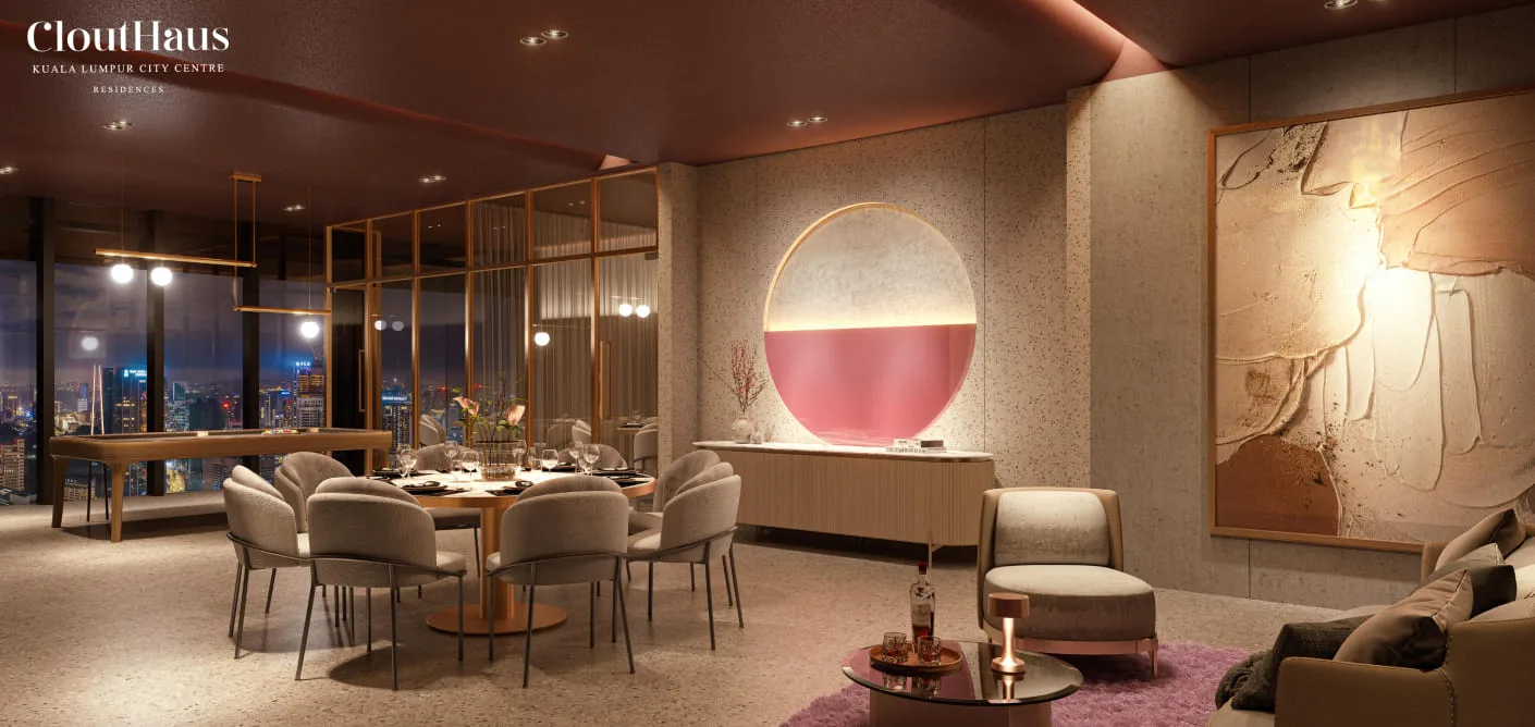 CloutHaus grand resident entrance lobby foyer featuring double-height ceiling and luxury marble finishings in KLCC, Kuala Lumpur