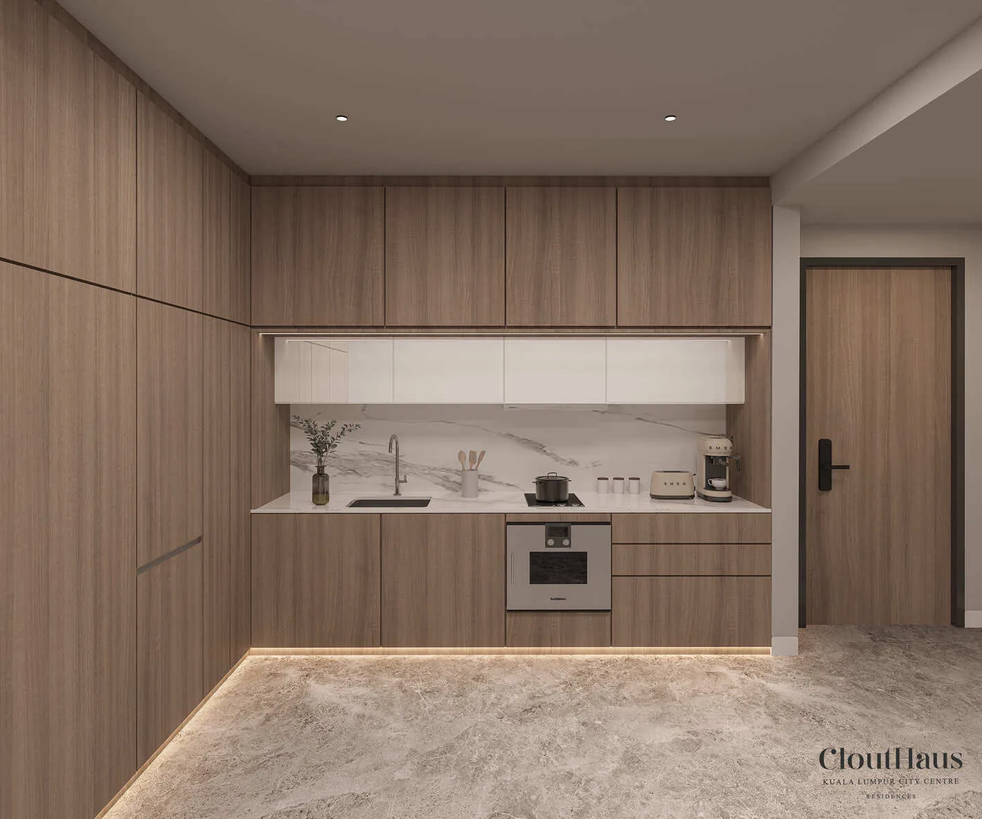 CloutHaus podium facade detail render featuring ambient architectural lighting in KLCC, Kuala Lumpur