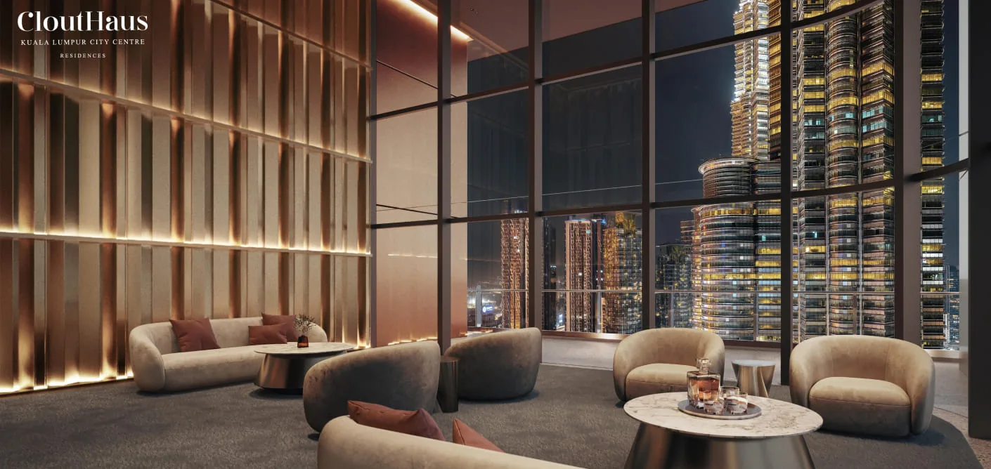 CloutHaus double-height luxury resident lounge and reception seating area in KLCC, Kuala Lumpur