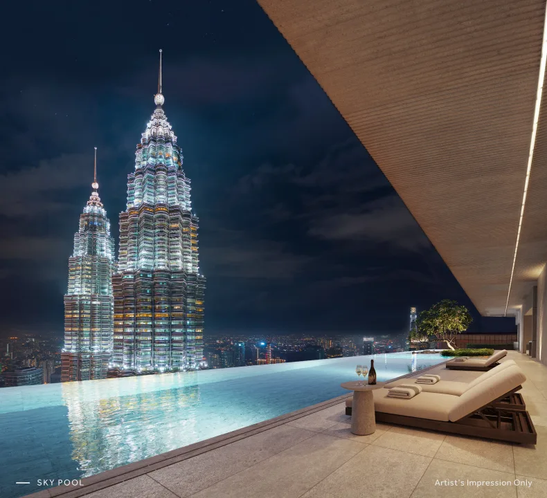 CloutHaus Level 63A Sky Pool deck rendered at sunset with panoramic views of Kuala Lumpur in KLCC, Kuala Lumpur