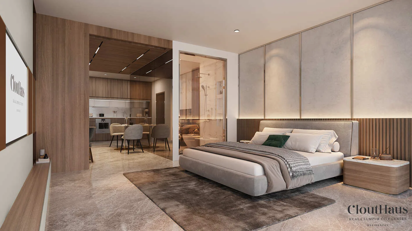 CloutHaus modern high-rise tower architecture render and podium facade, KLCC