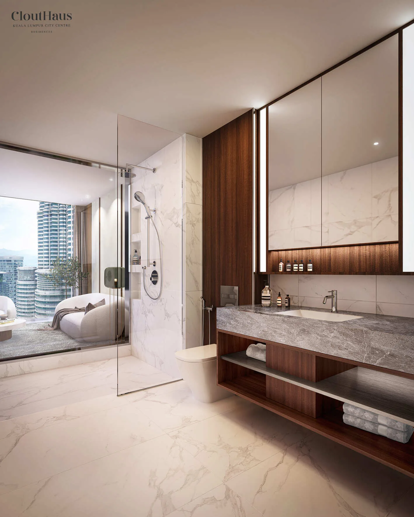 CloutHaus twin towers street-level architectural render in central KLCC district