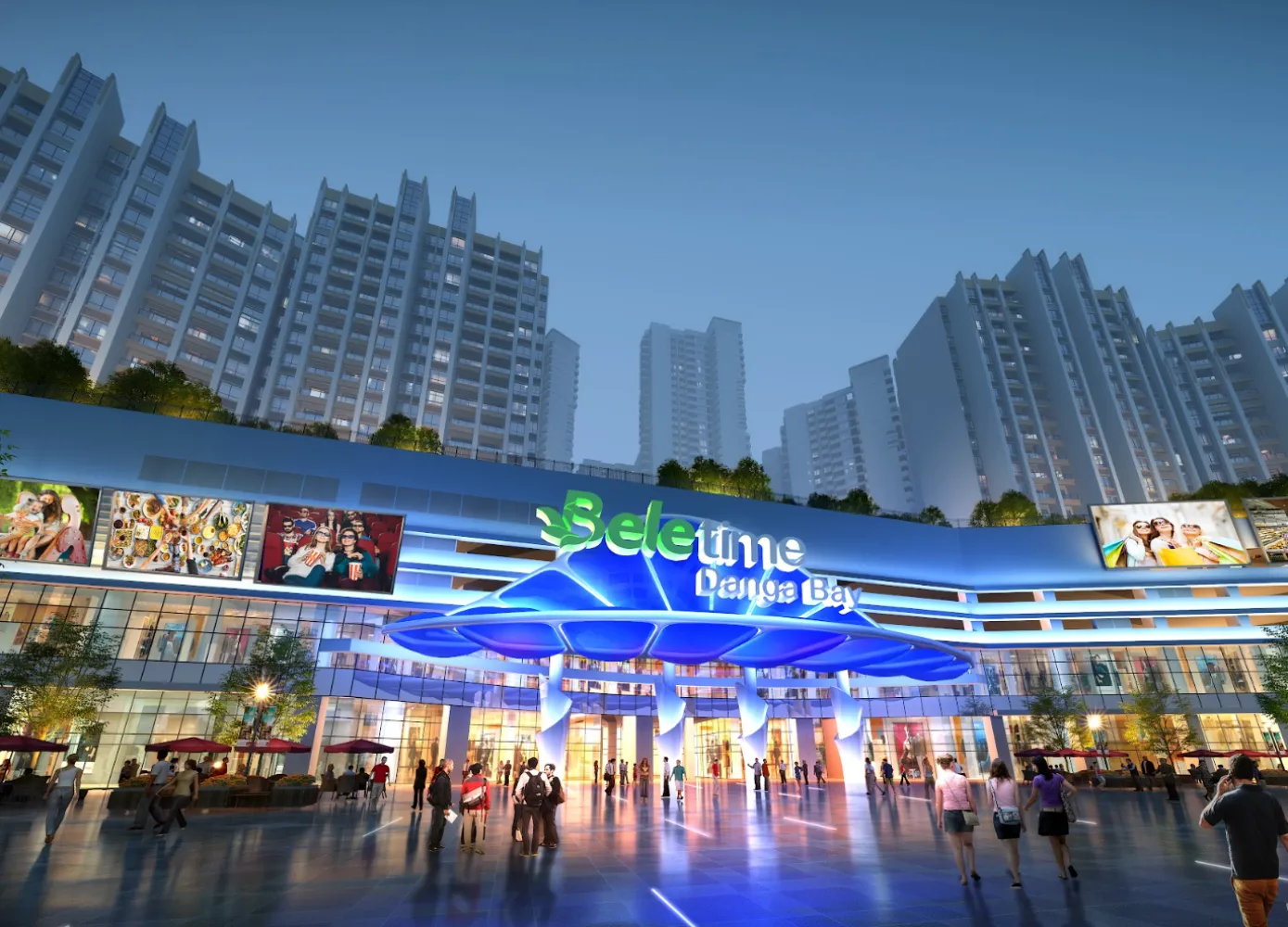 Pintu masuk utama pusat beli-belah Beletime Danga Bay di bawah menara kediaman