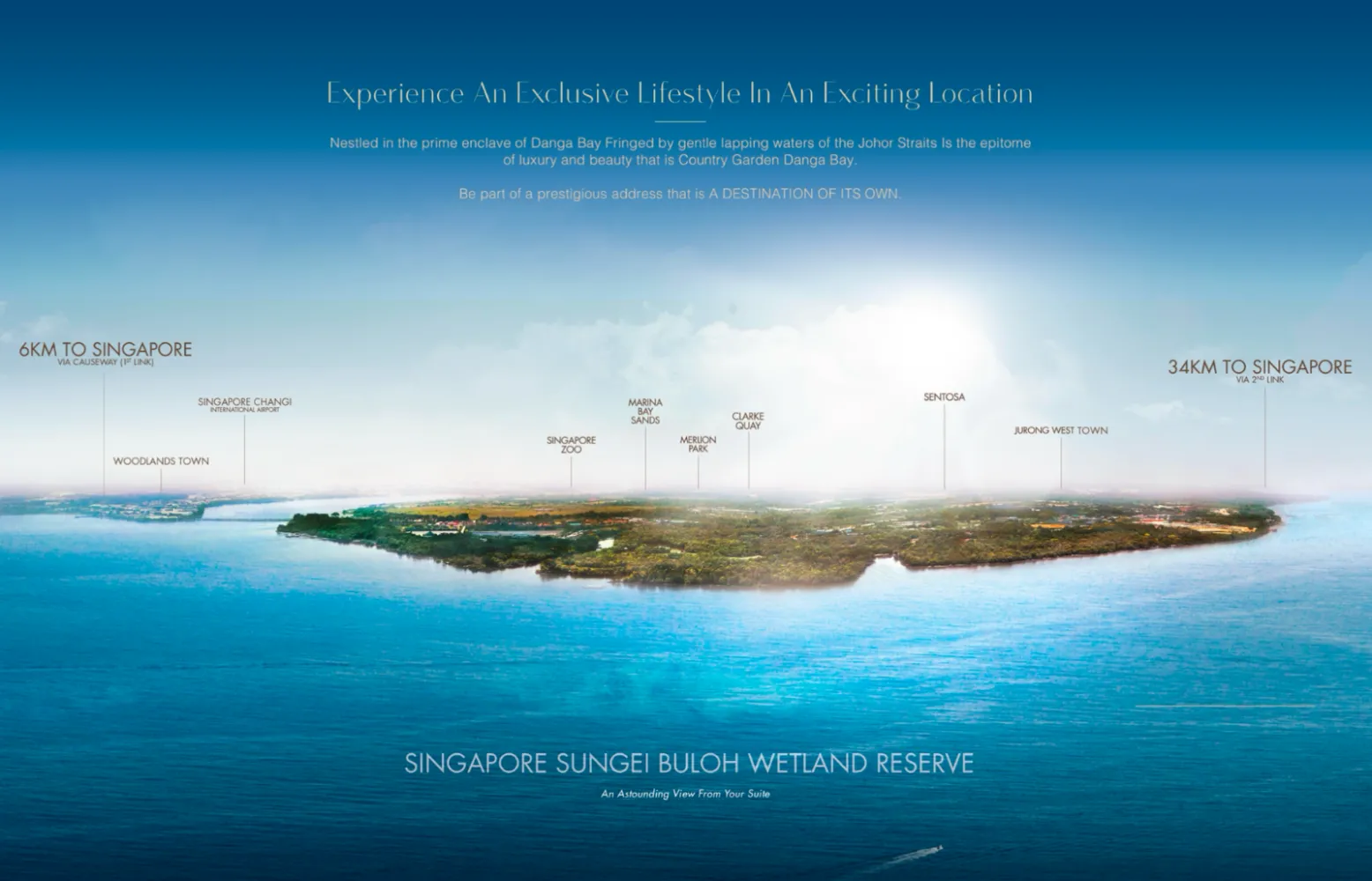 Pemandangan geografi dari Country Garden Danga Bay merentasi Selat Johor ke arah Singapura dan Rizab Buloh Sungei