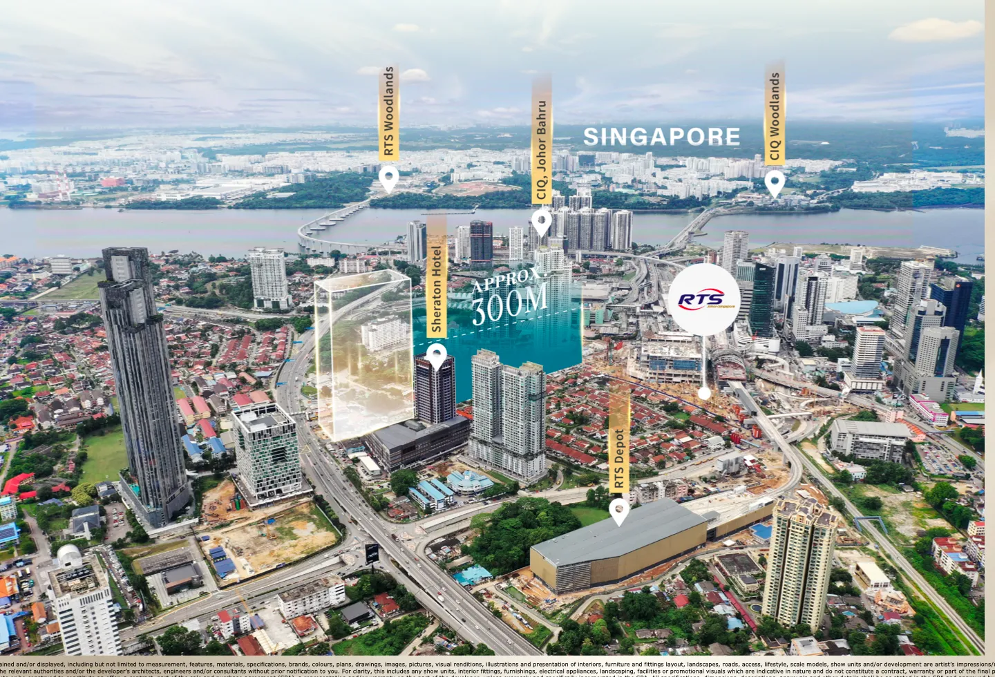 CTC SkyOne 交通连接图，显示至新山CIQ、RTS Woodlands及新加坡的距离