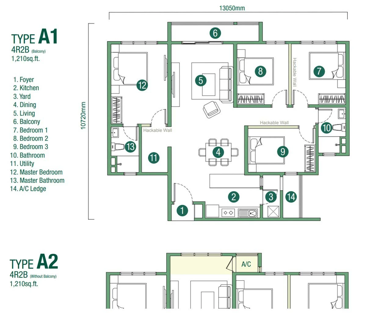 D'Clover Residences Type A1及A2户型图,建筑面积1,210平方尺,4房2卫格局,配备可打通隔墙
