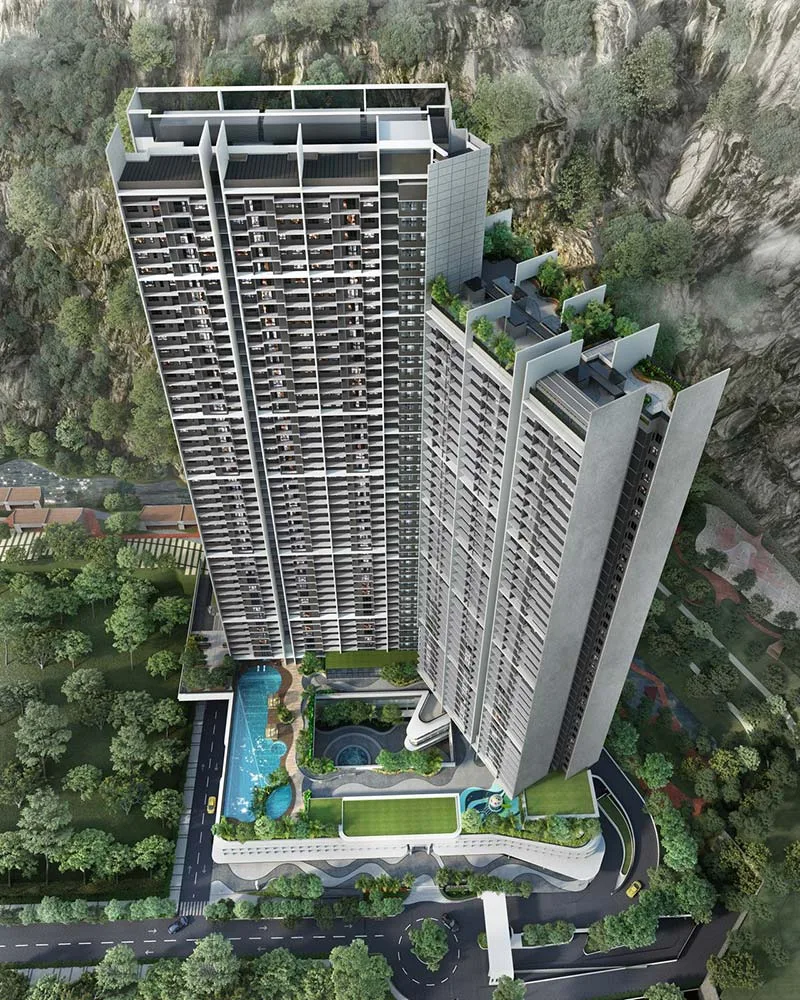 D'Clover Residences aerial view showing the podium pool deck and surrounding Central Park Damansara greenery