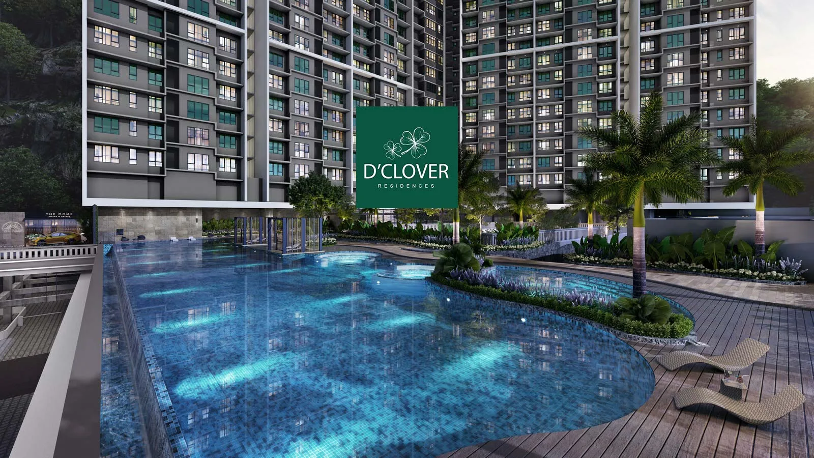 D'Clover Residences infinity pool deck with loungers on the podium level in Central Park Damansara, Selangor