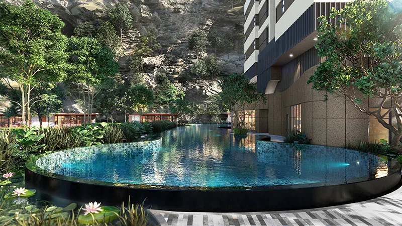 D'Terra Residences cliffside swimming pool with natural rock-face backdrop, Central Park Damansara