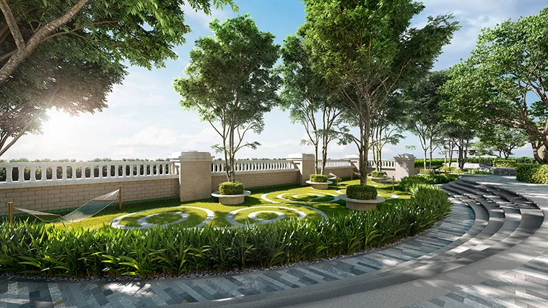 D'Terra Residences landscaped garden terrace with hammock lawn and seating deck, Central Park Damansara