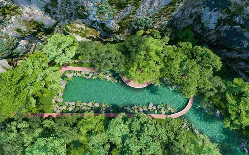 Aerial view of the Central Park Damansara Leisure Park detention pond and rock garden, near D'Terra Residences