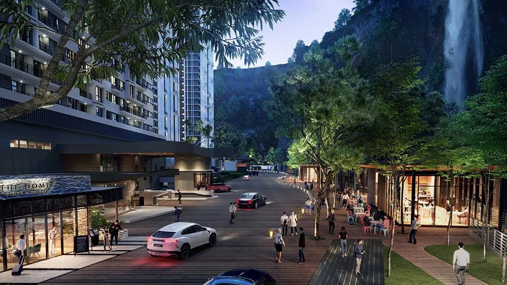Central Park Damansara Leisure Park al fresco retail street with cliffside waterfall view, near D'Terra Residences