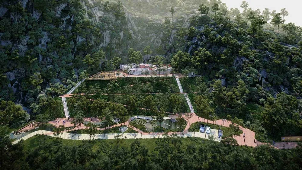 Aerial view of the Central Park Damansara 10-acre Natural Park nestled within the cliffside forest, near D'Terra Residences