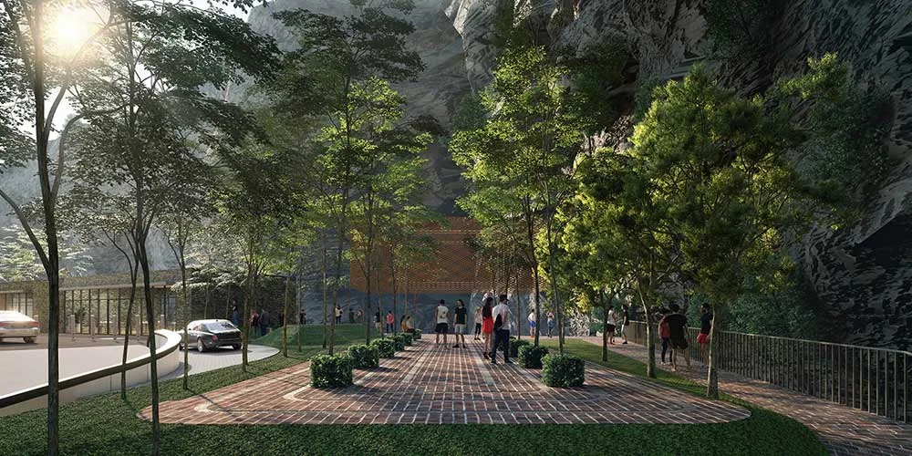 Central Park Damansara Leisure Park piazza pavilion walkway framed by the natural cliff face, near D'Terra Residences