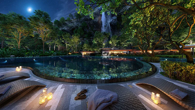 D'Terra Residences night pool deck with waterfall backdrop, Central Park Damansara, Petaling Jaya