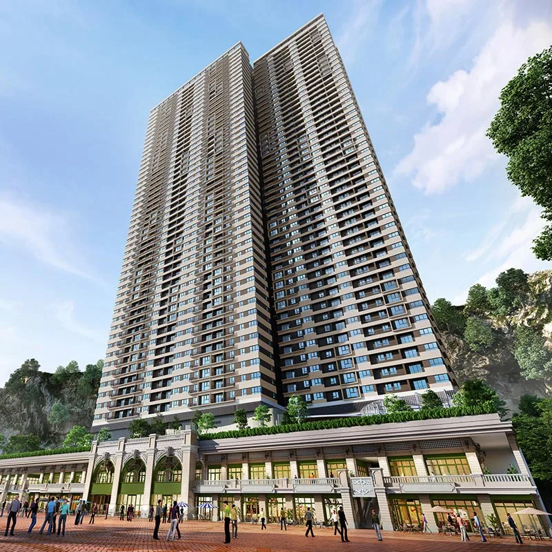D'Terra Residences tower and ground-floor retail arcade at dusk, Central Park Damansara