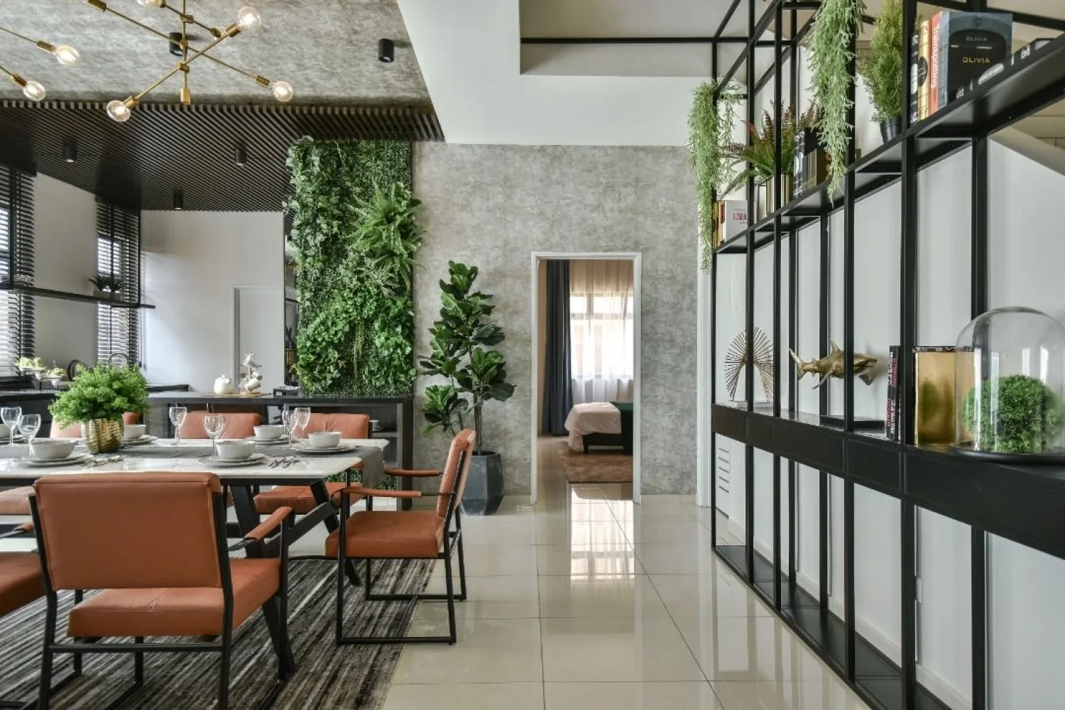 Danga Sutera Skudai Semi-Detached Homes (Phase 2) Danga Sutera Skudai show unit dining area with staircase feature shelving and vertical garden wall